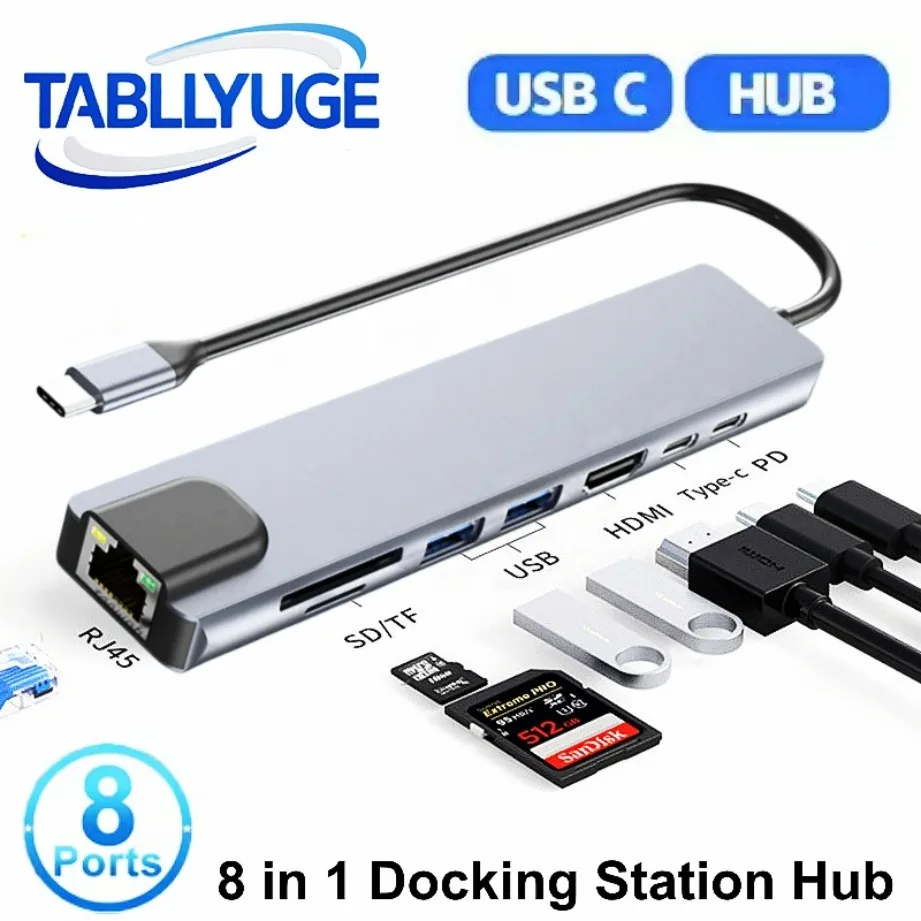 NEW USB C Hub 8In1 7In1 Type C Docking Station with USB3.0/2.0 HDMI SD/TF Card Reader PD Fast Charge for MacBook Notebook Laptop