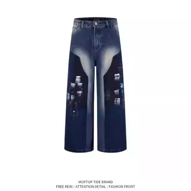 

Мужские джинсы в стиле ретро, американские, с эффектом потертости, свободного прямого кроя, модные, брендовые, стильные, широкие, удлиненные, в пол.