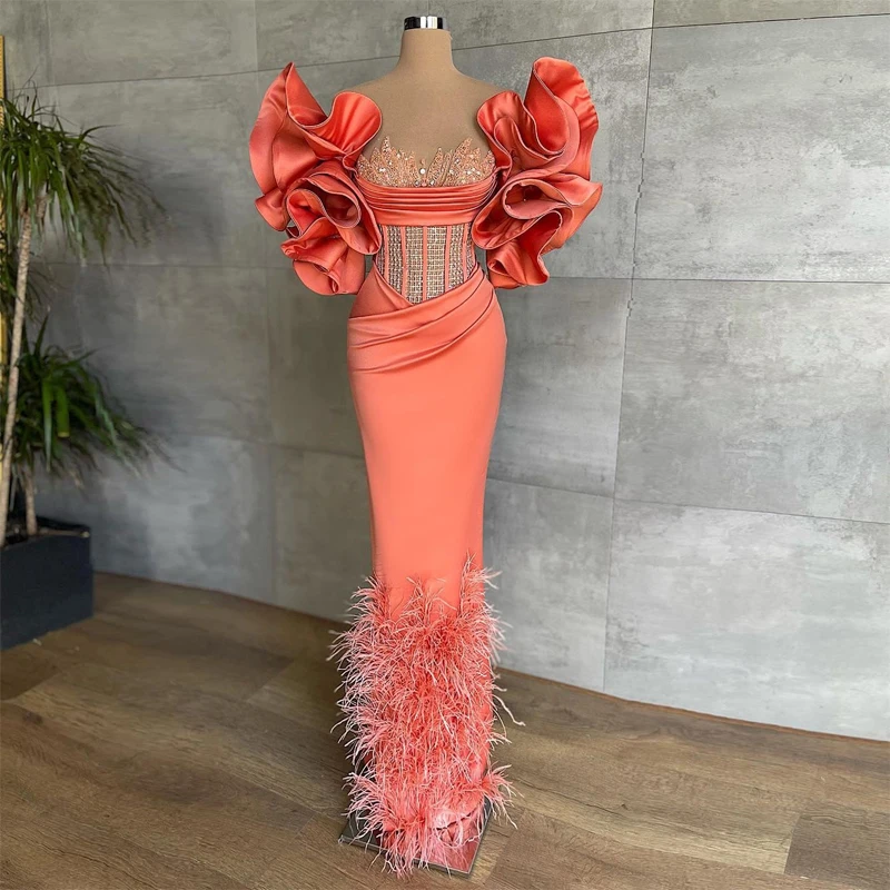 Fashion Luxury Mermaid Evening Dresses Handmade Ruffles Flowers Sleeves Sequins Feathers Women Prom Pageant Gowns Custom Made