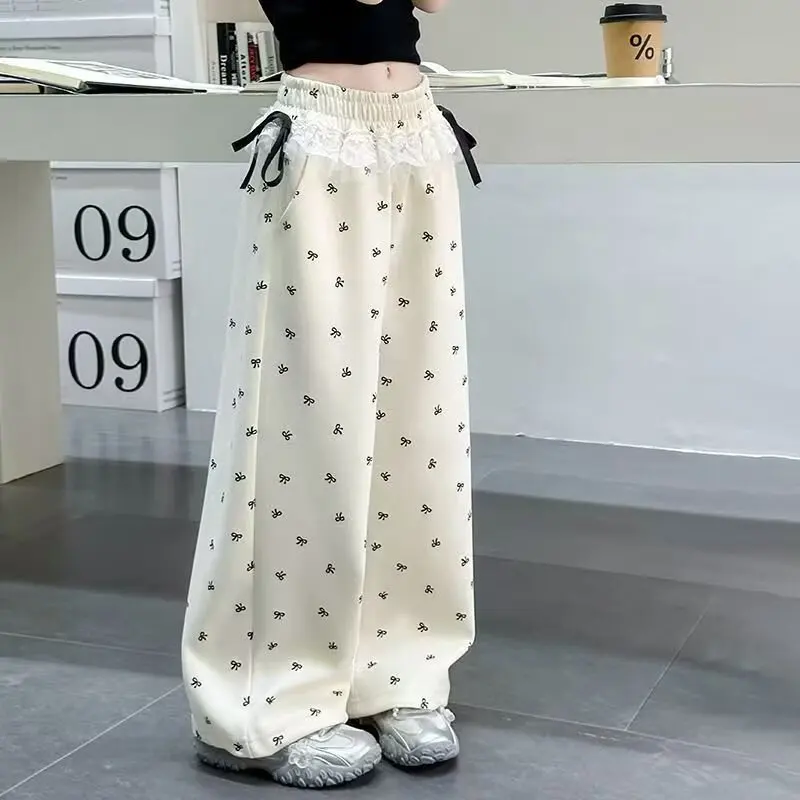 Children Girls Spring Bow Pants UNITIM Teenager Girls Printed Wide-Leg Trousers Children Loose Pants Kids Casual Trousers 5-14Y