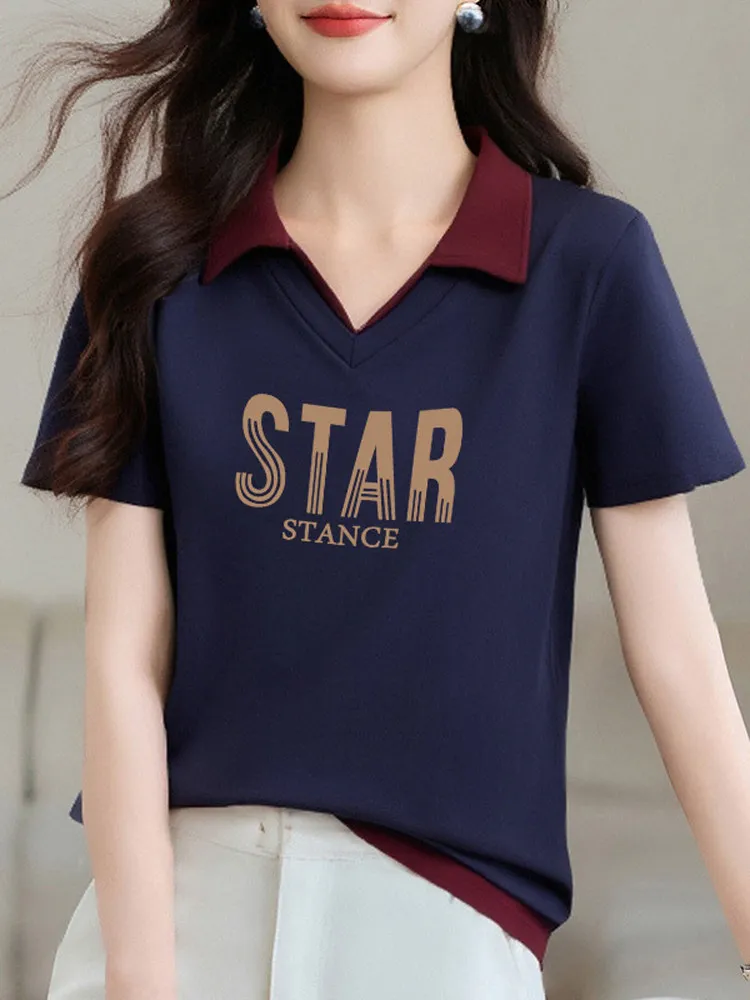 

Loose Fit Pure Cotton Neck T-Shirt Women's plus Size Slimming Color Block Summer Top Korean Style Commute Fashion