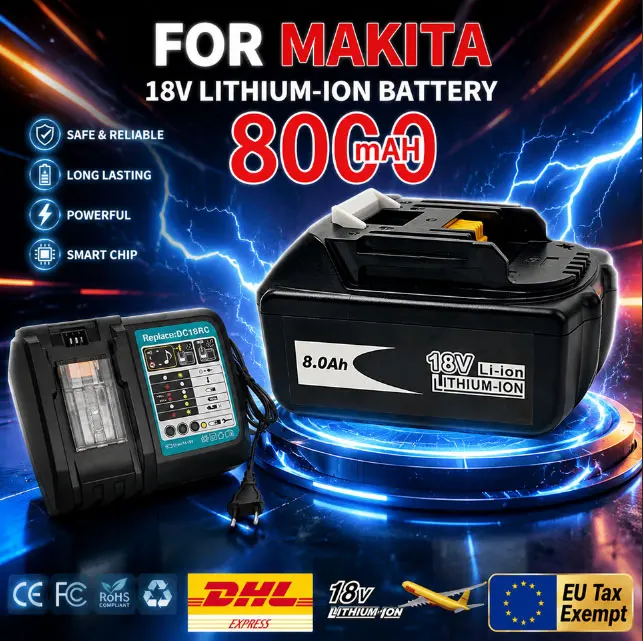 18V 8000mAh Wiederaufladbarer Ersatzakku Kompatibel mit Makita BL1815 BL1830 BL1840 BL1860 Elektrowerkzeug-Akku, Lieferung mit 4A 6A Ladegerät