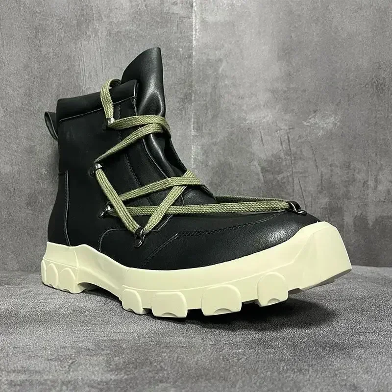 

New Women High Top Boots Casual Platform Sneakers Leather Luxury Trainers Lace Up Zip Autumn Black Vintage Trendy Designer Shoes