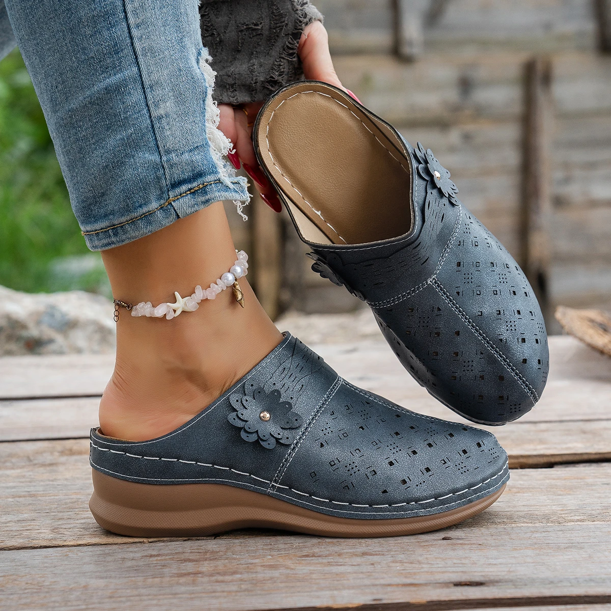 

Lightweight Women Wedge Mules Slippers Summer Hollow Out Shoes Woman Plus Size Thick Sole Outdoor Sandals Female Slides Women