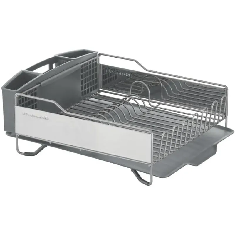 Large Capacity,Full Size, Rust Resistan Dish Rack Angled Drain Board and Removable Flatware Caddy, Light Grey