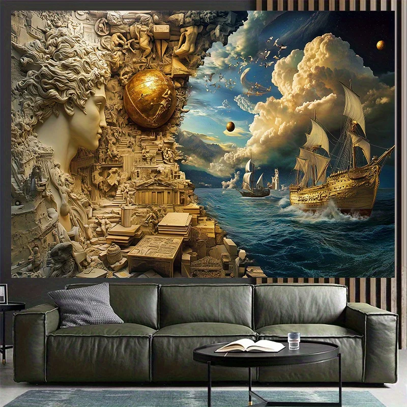 Ancient Greece Art Tapestry Mythology Ocean Ship Wall Hanging Home Decor Classical Sculpture Golden Globe Living Room Art Print