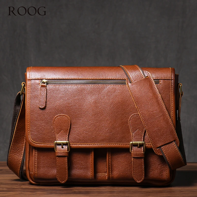 

ROOG Authentic High Grade Messenger Bag Vintage Real Leather Shoulder Sling Bag Men's Luxury Briefcase Crossbody 12.9 Inch Ipad