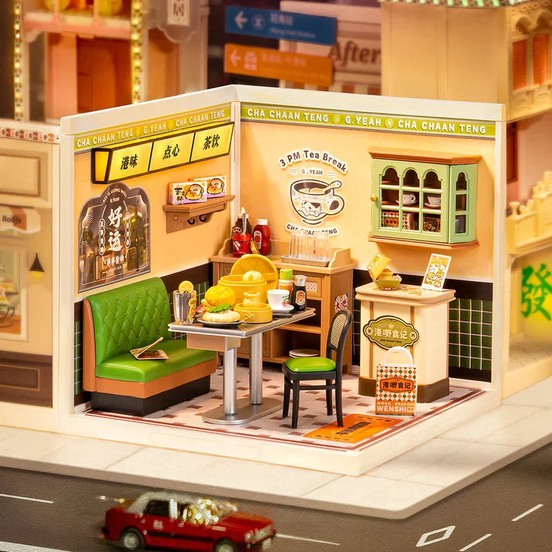 Robotime Rolife DIY Miniatur-Haus-Set, Modellbau-Bastelset mit LED für Erwachsene, Kinder, Panda, Hot Pot und Night Out Food Stall