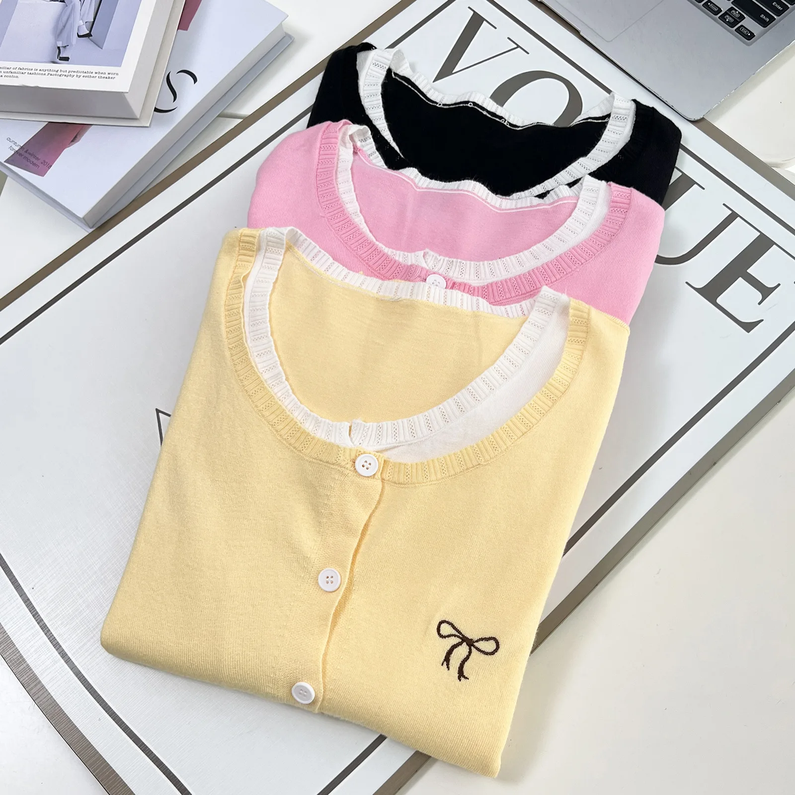 Fashion Plus Size Women's Sweaters Autumn New Style Stylish And Fresh Embroidered Bow Fake Two Pieces Knitted Cardigan 3506