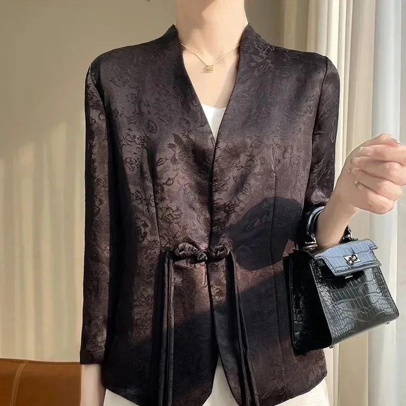 

Chinese National Style Buckle Blazer Feminine Temperament Cropped Sleeve Short Coat Tops High Fashion New Jacket Cardigan