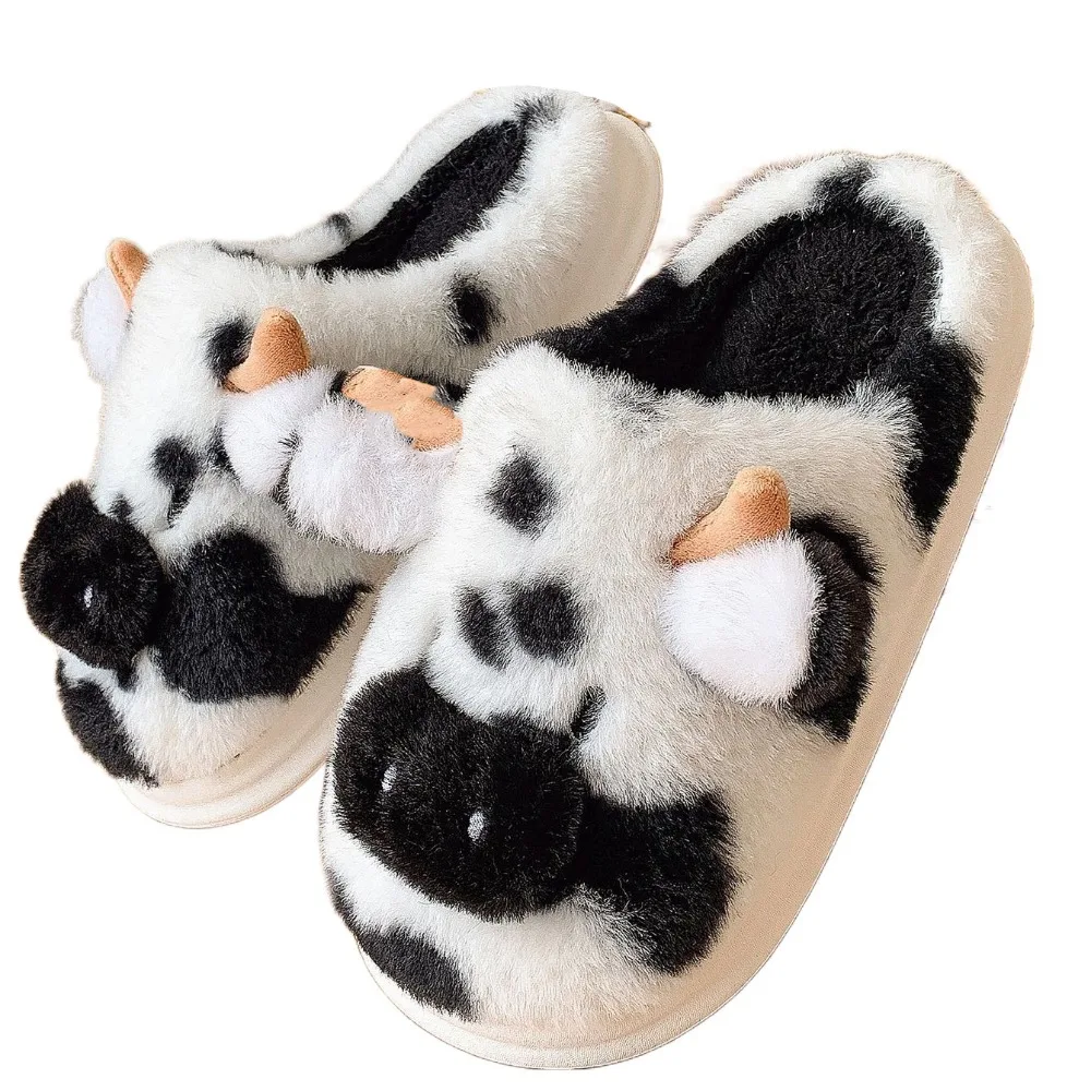 

Comfortable Thick Spotted Cow Slippers Fluffy Warm Fleece Slippers Women Velvet Non-slip Winter Warm Slippers Home