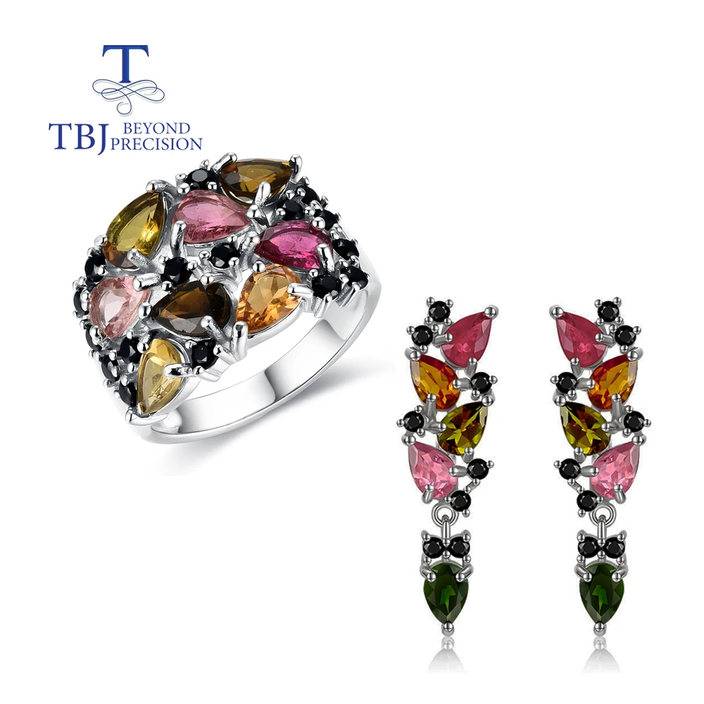 

Natural colorful Tourmaline rings earring 925 sterling silver fine jewelry set for women wife luxury design anniversary gift