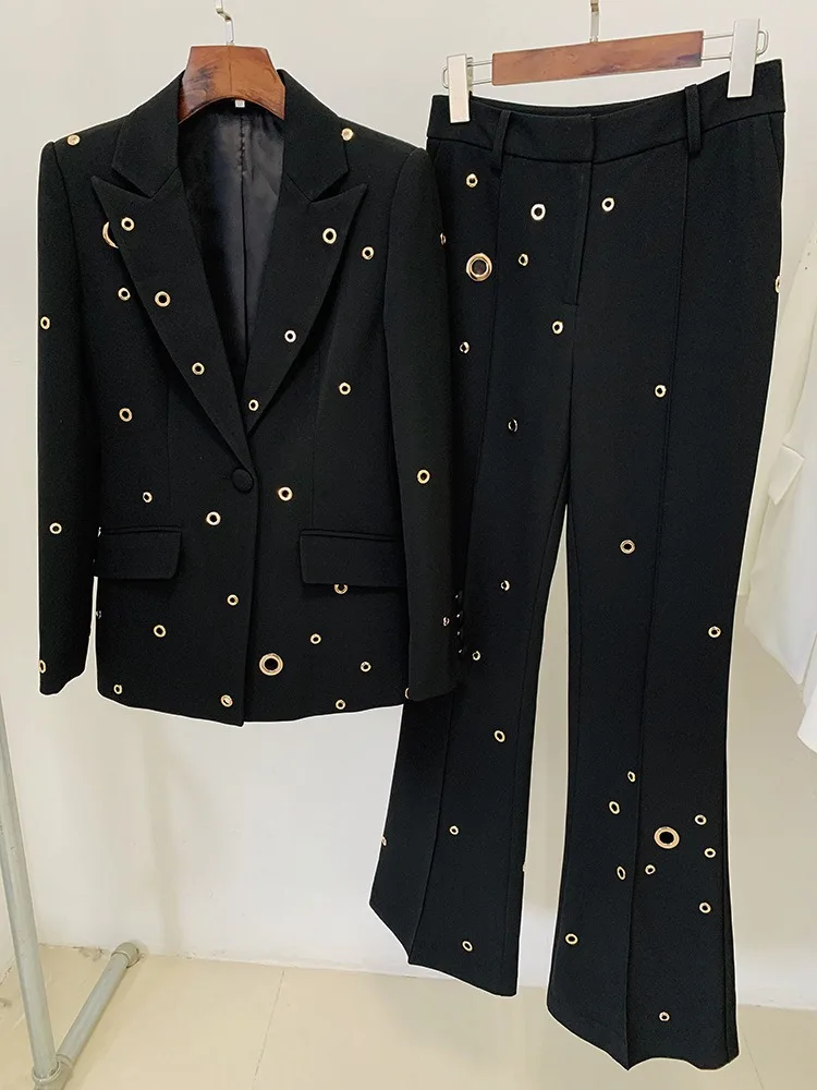 Stile americano unico foro per rivetti di alta qualità pista pesante Blazer bianco e nero abiti 2 pezzi pantaloni set Design straordinario