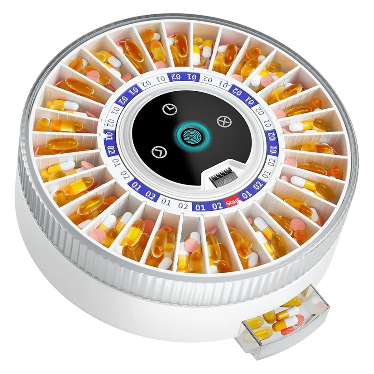2026 New Automatic Pill Dispenser for Elderly with Alarm, with 31-Slot, Fingerprint& Mechanical Dual Lock Medication Dispenser,