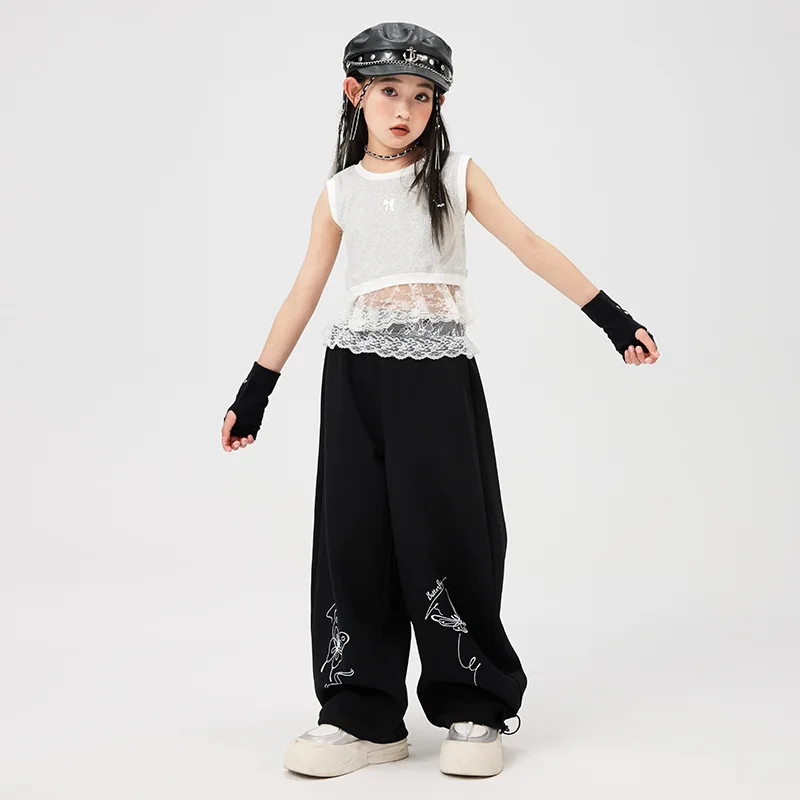 

Kid Kpop Hip Hop Clothing Gray Lace Hem Crop Tank Casual Wide Lace Waist Butterfly Sweat Pants for Girl Dance Costumes Clothes