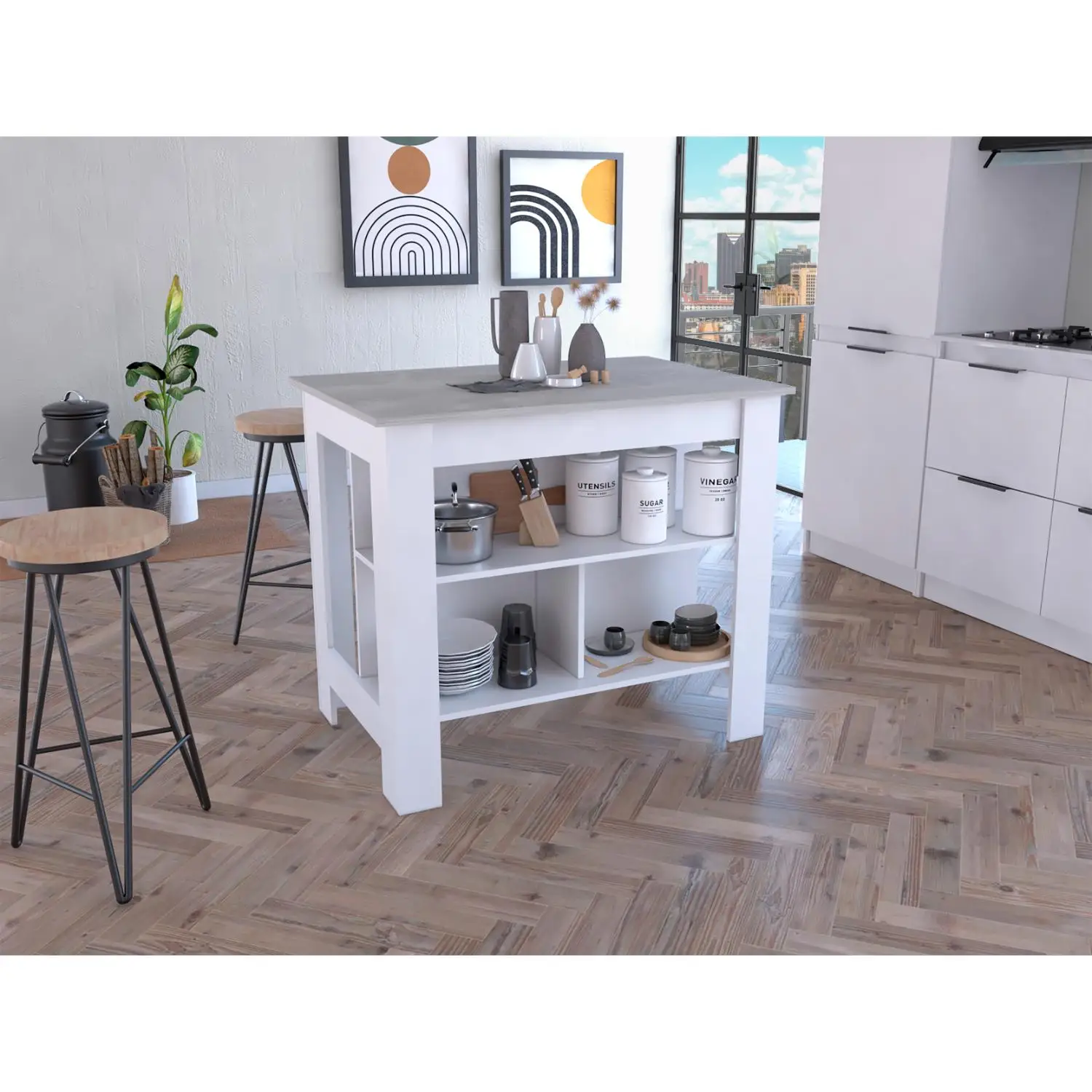 Cala Kitchen Island, Four Legs, Three Shelves  White / Ibiza Marble