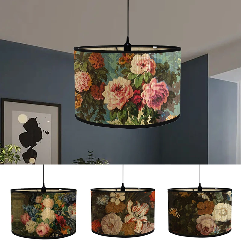 Retro Floral Printing Lampshade Bamboo Chandelier Ceiling Pendant Lamp Shade Cover Hotel Home Interior Decoration