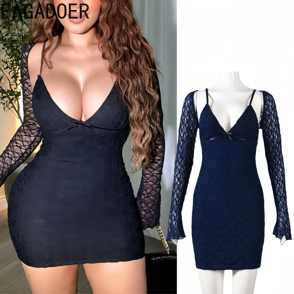 

FAGADOER Sexy Lace Woman 2 Piece Set Outfit Long Sleeves Crop Top and Spaghetti Strap Dresses Female Party Clubwear Vestidos New