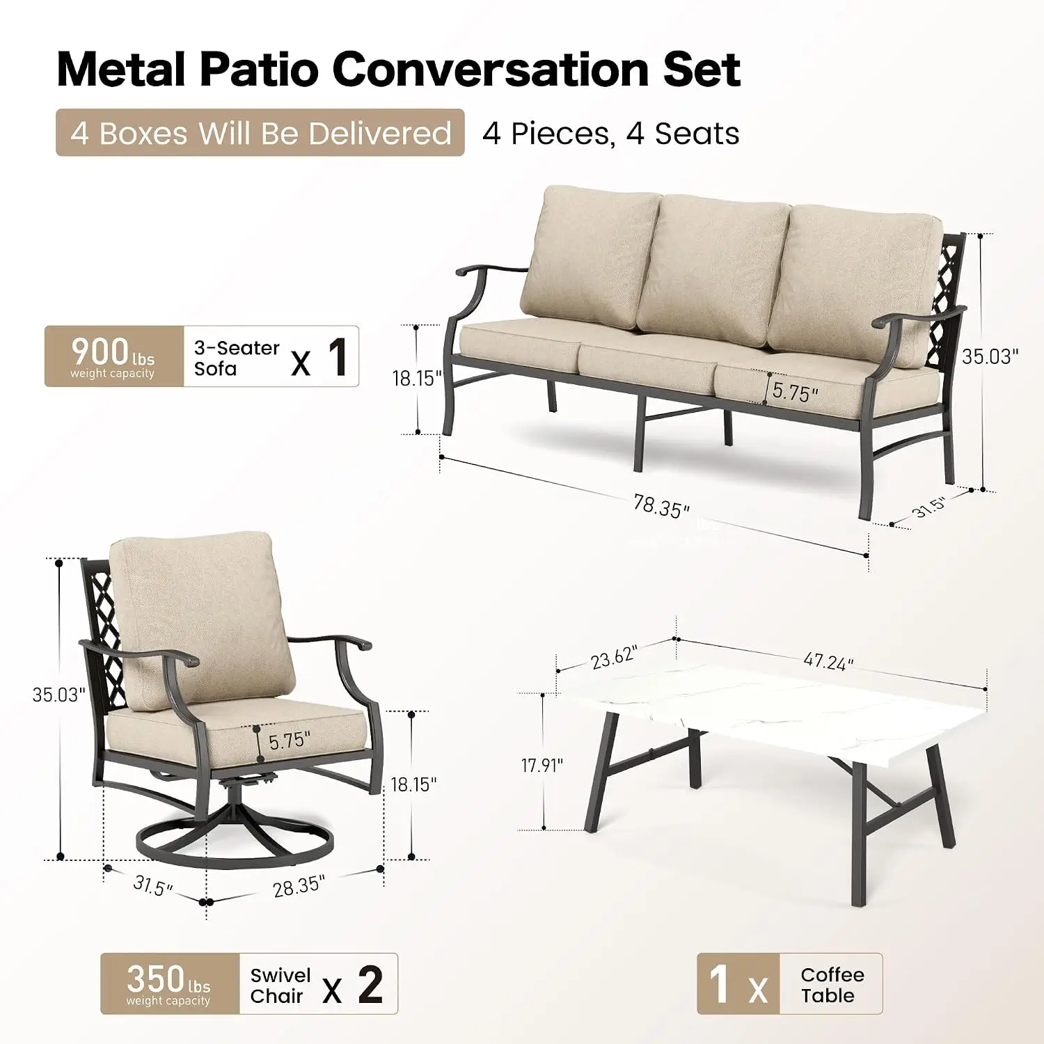 4-Piece Metal Wrought Iron Outdoor Conversation Set