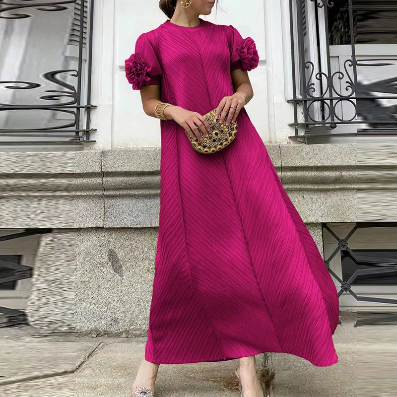 

Elegant Ruffle Hight Waist Loose Party Dress Women Fashion O-neck Pleat Solid Long Dress Casual Petal Short Sleeve Evening Dress