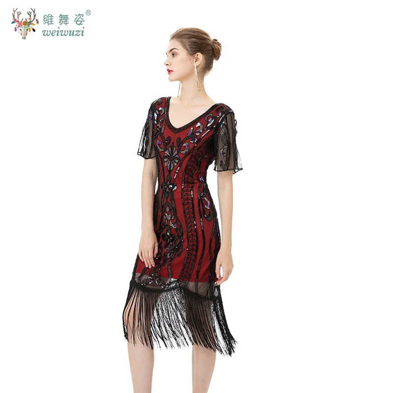 1920s المرأة قصيرة الأكمام الخامس الرقبة الترتر الخرزة التطريز فساتين الحفلات الزعنفة غاتسبي زي كوكتيل فساتين السهرة #4