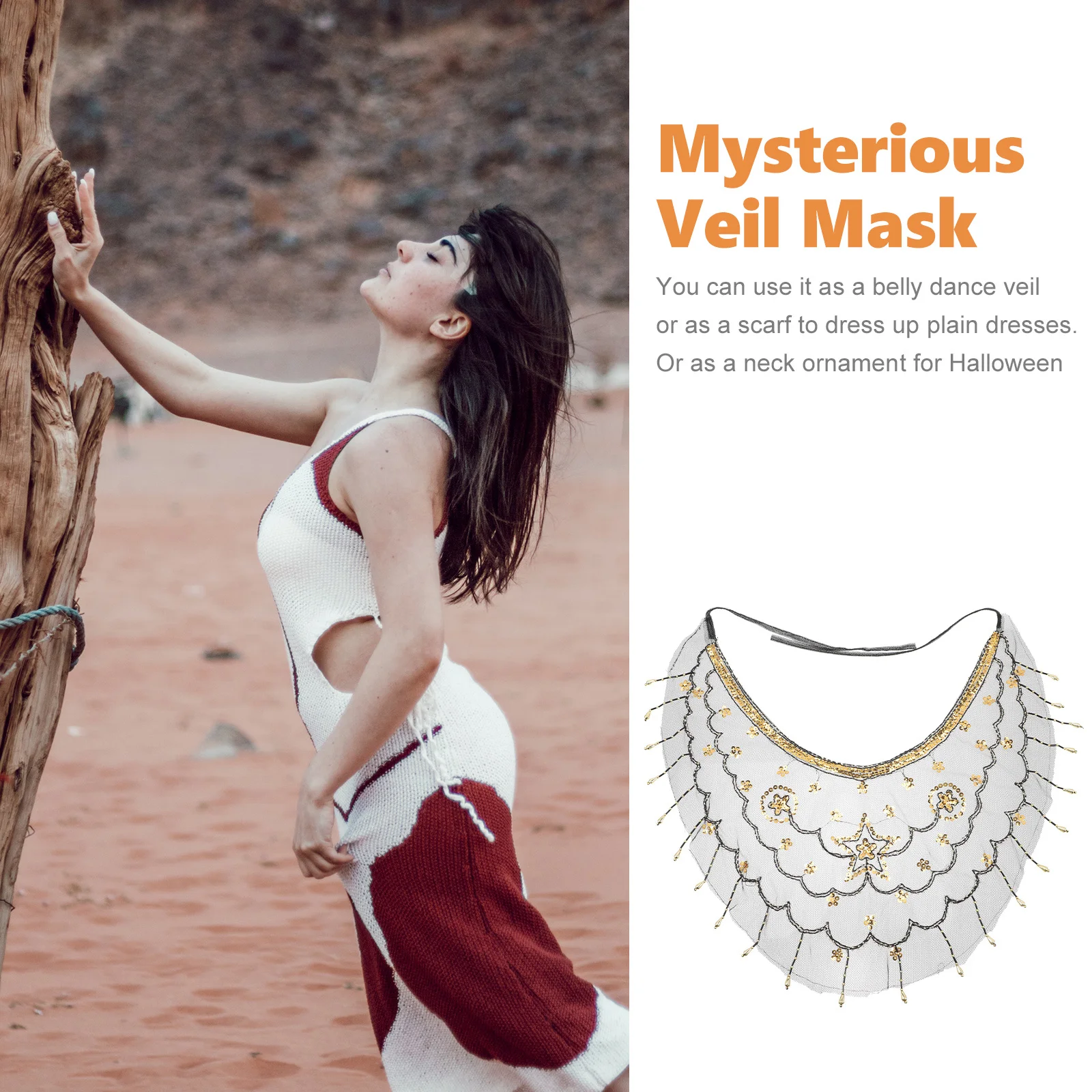 

Exquisite Belly Dance Veil Elegant Gold Beaded Flower Pattern Mesh Fabric Mask Party Cosplay Masquerade Performance Accessory