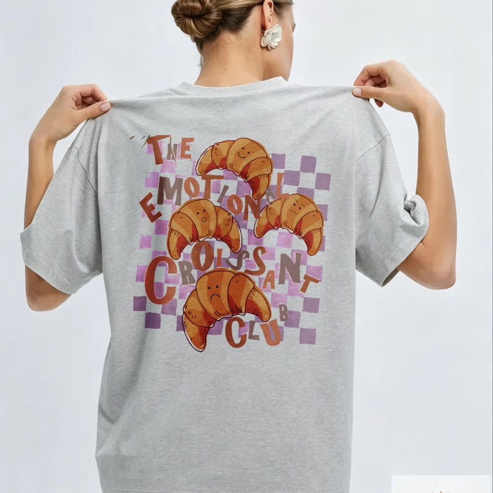 Cartoon Croissant Checkered Relaxed Ladies Shirt, Cool Thin Blouse Casual Wear for Weekend Cafe Gathering Trips Women Clothing