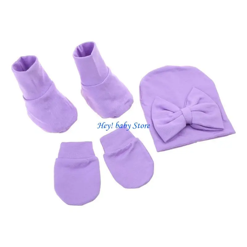 

Q1FE Baby Bowknot Hat No Scratch Gloves Foot Cover Set Infants Soft Cotton Mittens Socks for Newborn