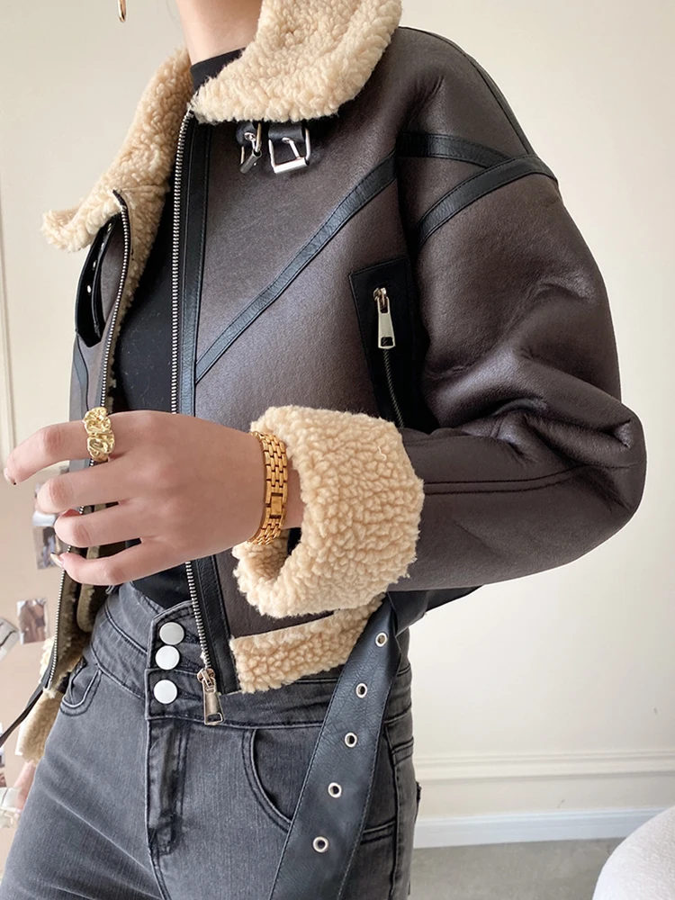 Streetwear Female Spliced Zipper Belt Jacket Outwear Autumn Winter Women Retro Loose Thick Warm Faux Lamb Fur Coat