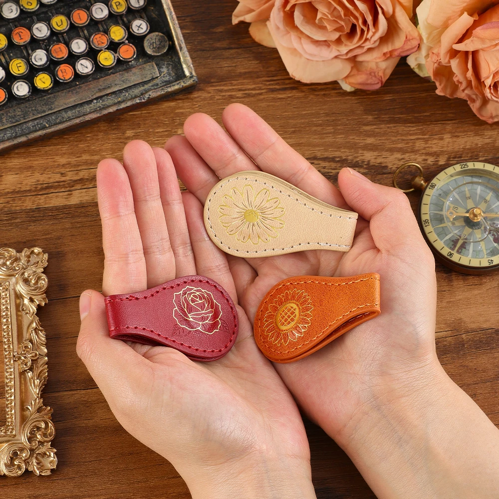 3 Pcs Vintage Tri-Color PU Leather Magnetic Book Clasps Gold Foil Stamped Page Clips for Book Lovers Bookmarks & Stationery