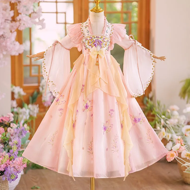 Vintage Chinese Kids Hanfu Dress Lovely Girls Embroidery Dresses Traditional Folk Style Dance Perform Costumes Cosplay Gift