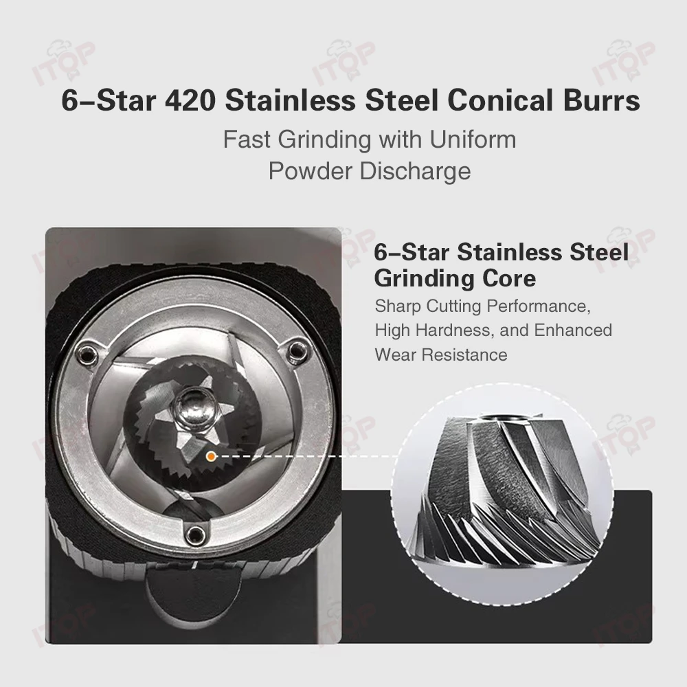 ITOP CGLY1800 مطحنة القهوة المحمولة القابلة لإعادة الشحن 1800 مللي أمبير 6 نجوم 420 نتوءات مخروطية من الفولاذ المقاوم للصدأ 25 جرام قادوس الفول