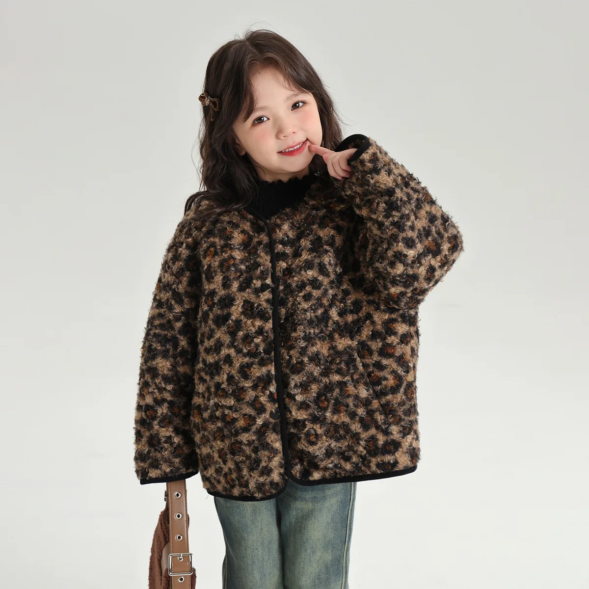 

Girls Wool Coat Autumn and Winter New Children Leopard Print Plus Cotton Coat All Match Short Coat Girls Warm Fashion Clothes