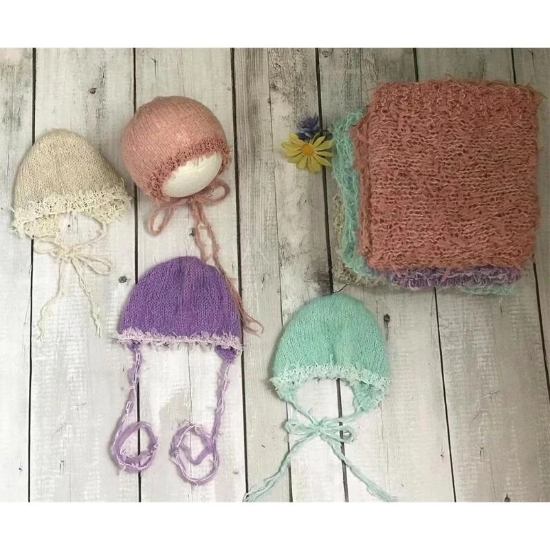 

J15U 2 Pcs Baby Receiving Blanket Hat Outfits Set Soft Sleeping Newborn Infant Photography Props Accessories