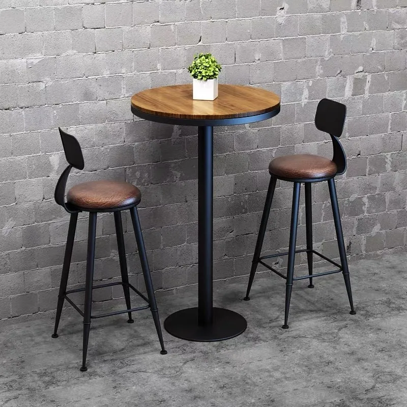 Bar cafe milk tea shop solid wood against the wall bar table and chair combination wrought iron high chair