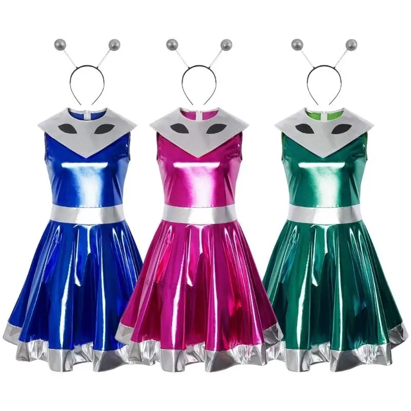 Alien Costume Accessories Robot Space Outfits Halloween Cosplay Costume Metallic Dress Alien Headband Set for Womens