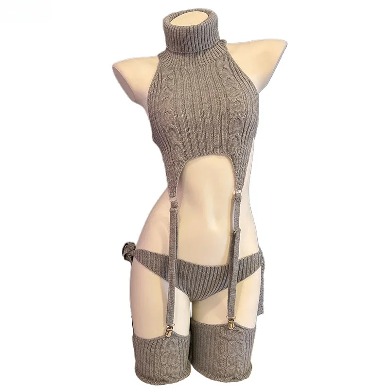 

Anime Cat Girl Gray Turtleneck Sweater Uniform Outfit Cosplay Women Backless Knit Clothes Garter Stocking Costume