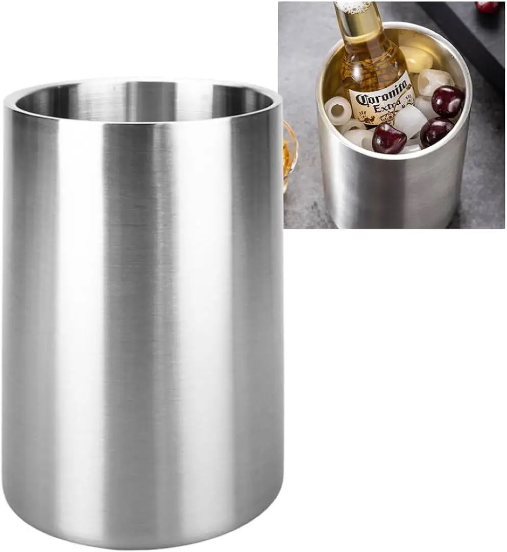 Ice Bucket Stainless Steel Double Wall Wine Cooler Insulated Tabletop Wine Chiller for Champagne Fits Most Standard Sized Bottle