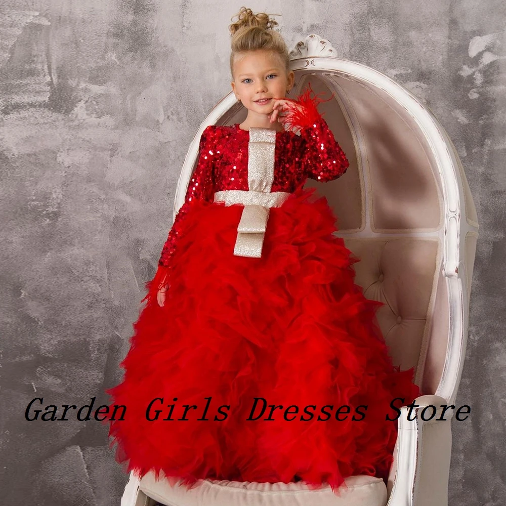 

Charming Scoop Flower Girls Dresses with Sequined Tiered 2024 Full Sleeve Christmas Dresses for Princes 2025 فستان عيد الميلاد