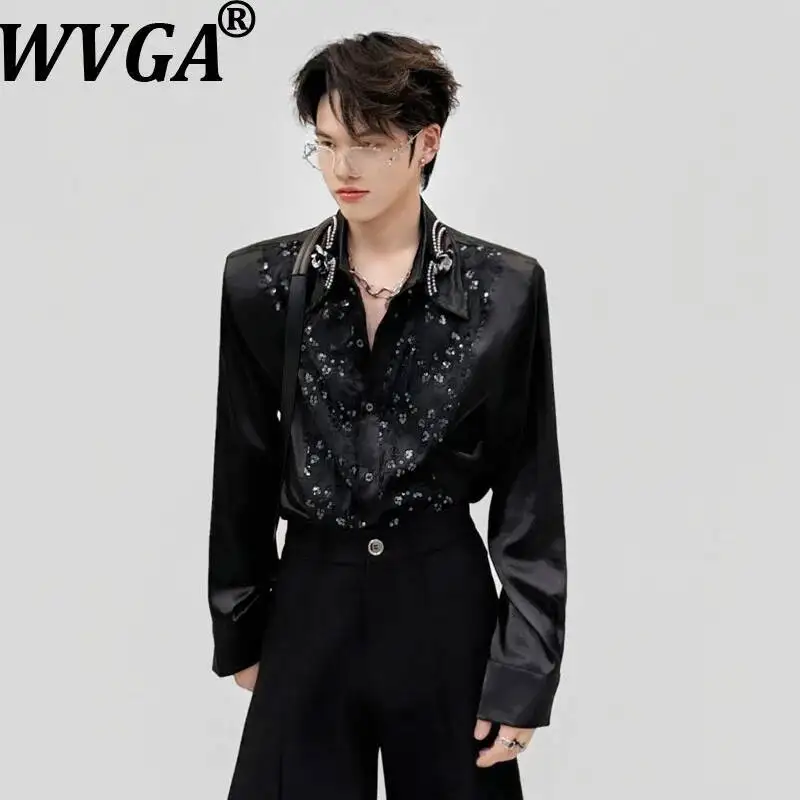 WVGA Spring Men's Heavy-duty Beaded Sequin Embroidered Trendy Long Sleeve Shirts High-end Patterned Turn-Down Collar Tops W23149