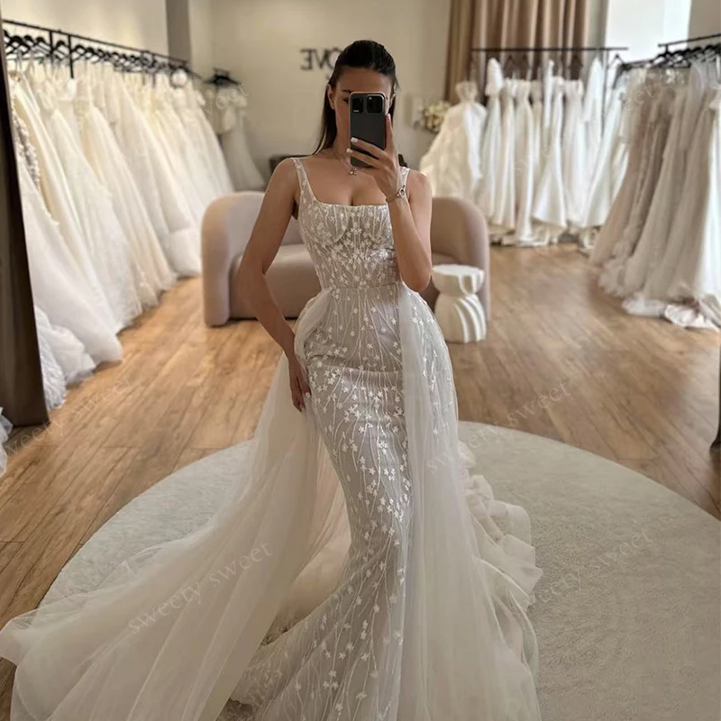 Abito da sposa con strascico staccabile in organza con ricamo abito da ballo a sirena senza maniche colletto quadrato personalizzato sposa Vestido De Novi