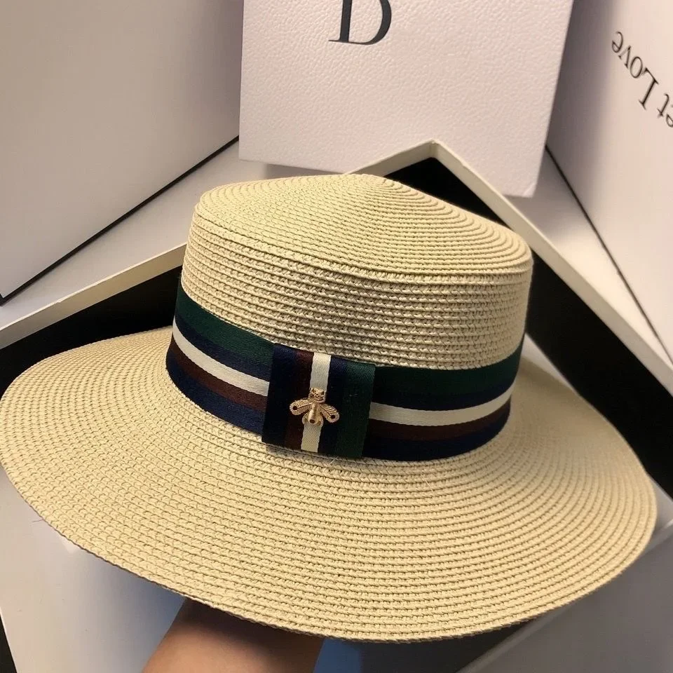 قبعة نسائية صيفية واسعة الحواف من القش، متعددة الألوان، مخططة على شكل نحلة، عصرية للسفر في الهواء الطلق، حماية من الشمس