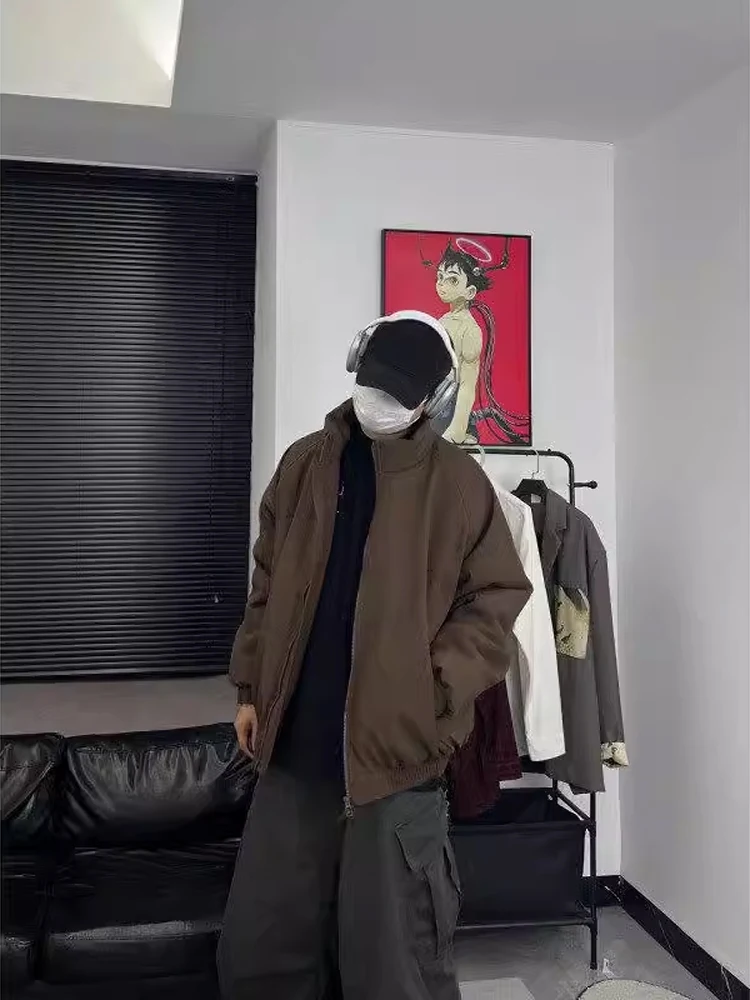 

i Color Retro Stand Collar Cotton Jaet Men's Winter Warm Anti-Cold American Sle Baseball Coat Thiened Stand Fit