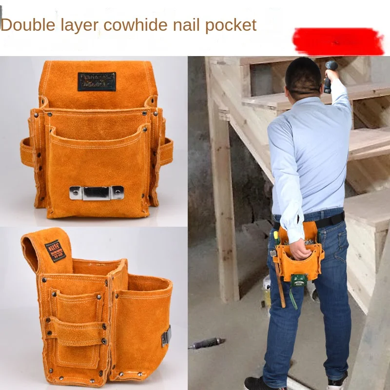 Men's Woodworking Waist Pocket Cowhide Tool Bag Male Construction Special Wear-resistant Multi-Pockets Waist Bag