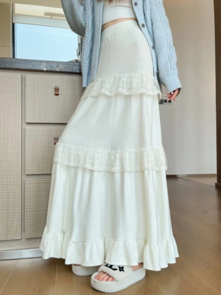 ميدي تنورة طويلة المرأة محبوك تنورة 2025 القوطي لوليتا الخريف الشتاء عالية الخصر عالية منخفضة طبقة Ruched الدانتيل كشكش تنورة روك
