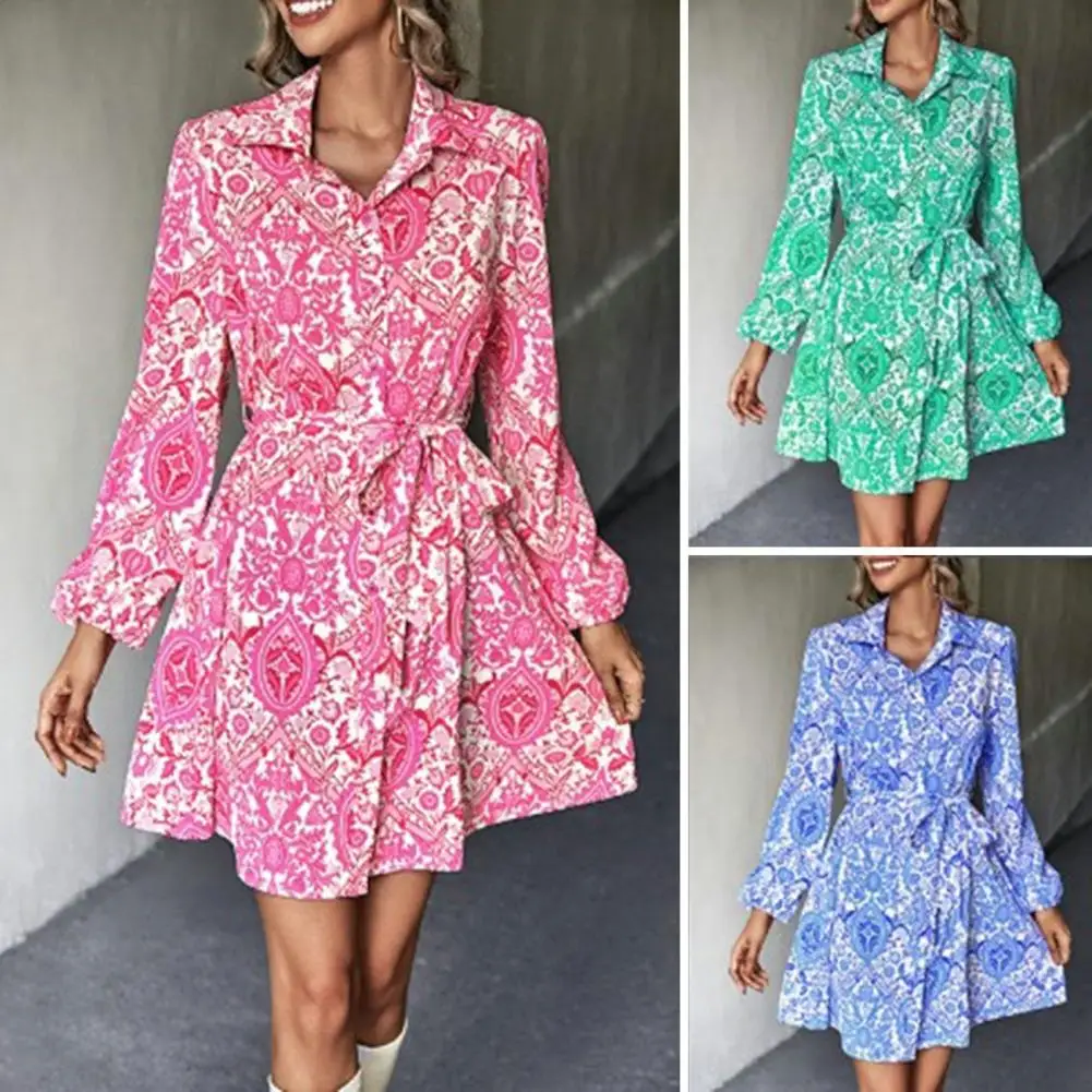 Vestido estampado floral feminino com gola virada para baixo, camisa curta feminina, mangas compridas, fechamento de botões, acima do joelho, outono, inverno