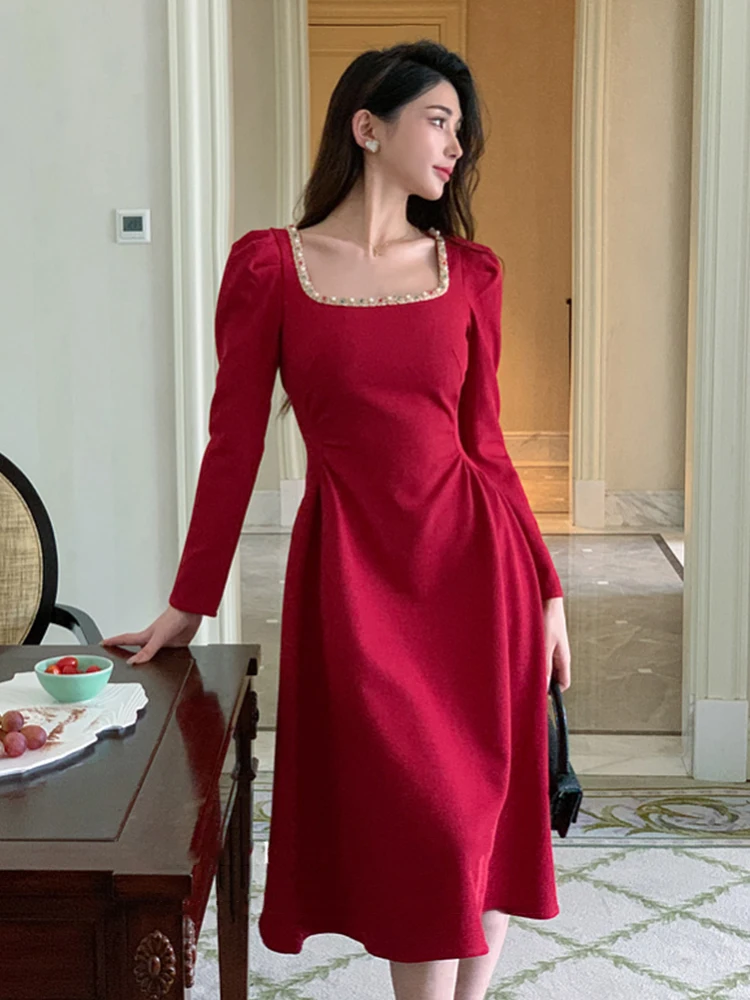 

New Elegant Sweet Wedding Dresses Women Vintage Long Sleeve Fold Waist Pleated Robe Mujer Party Banquet Vestidos Prom Clothes