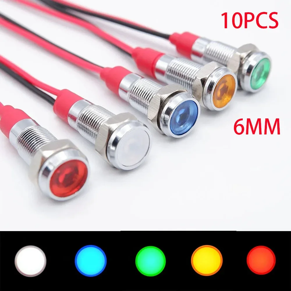 

10PCS 6mm metal indicator light LED warning signal light indicator switch 3V 5V 12V 24V 220V red orange blue green white line