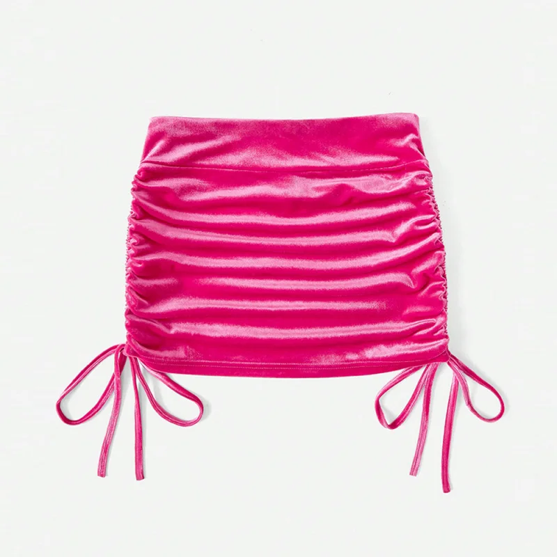 

Women's Sexy Lace-Up High-Waisted Slimming Drawstring Ruched Slimming Short Skirt Bodycon Velvet Midi Skirt