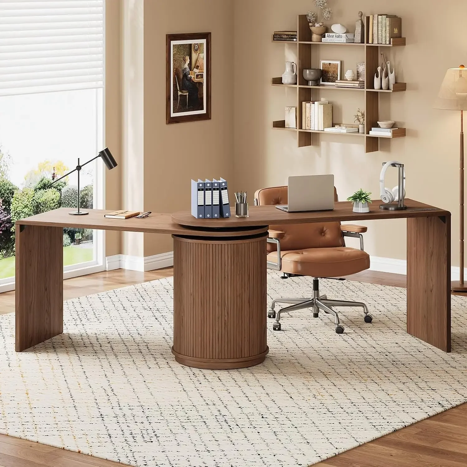 60 Inch L Shaped Desks with Power Outlets,360° Rotating Swivel Corner Desk with Storge, Fluted Computer Table for Home Office,Wo